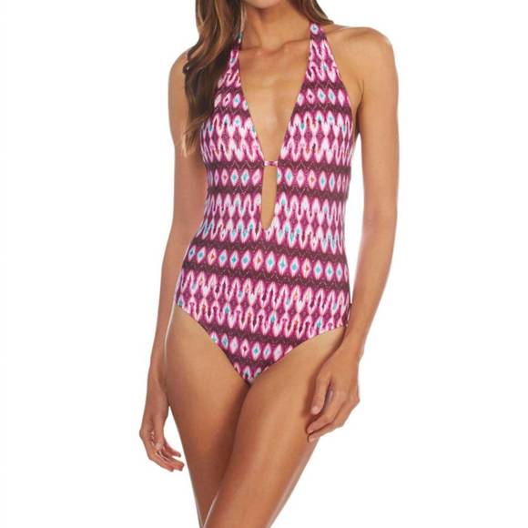 NEW KENNETH COLE v-plunge halter one piece swimsuit in berry - Picture 1 of 2